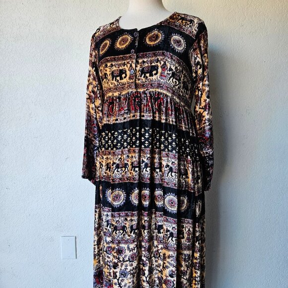 Vintage 70s 80s Velour Bohemian Elephant Stripe Paisley Hippie Maxi Dress India - Picture 2 of 10